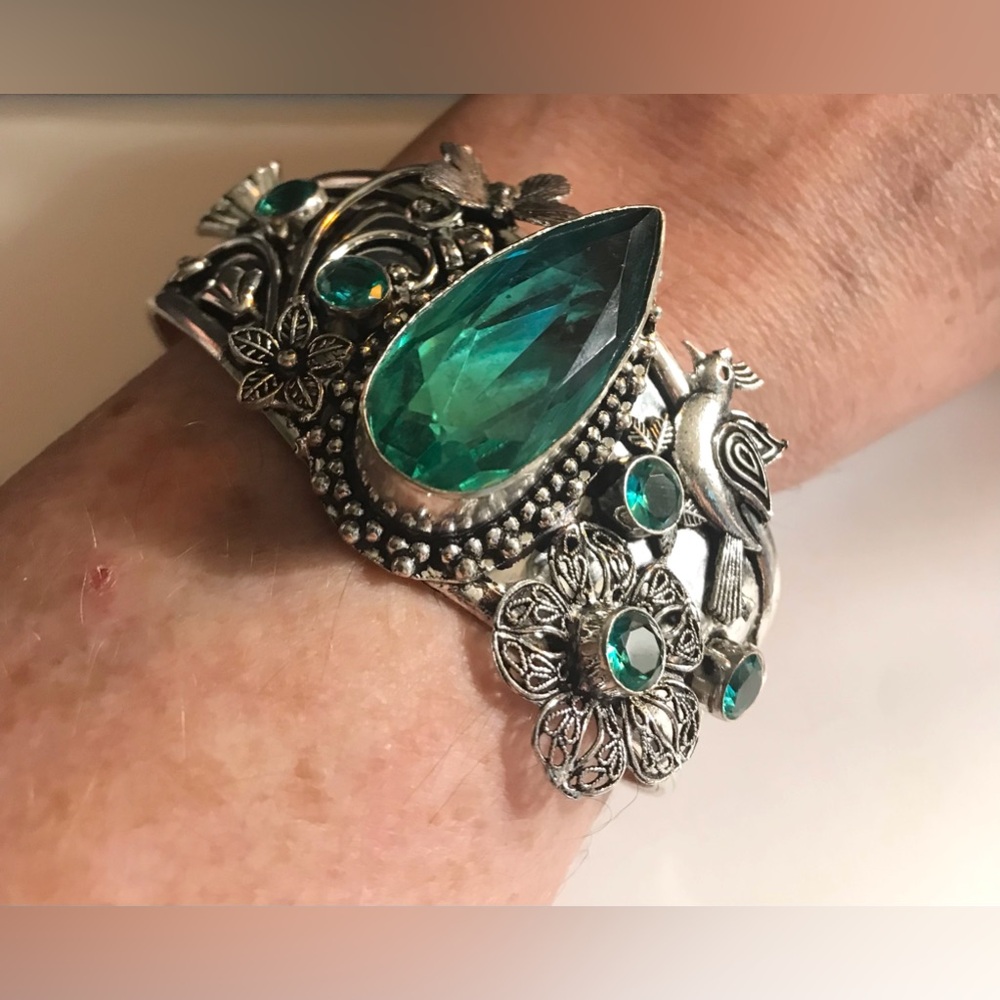 Aquamarine Stamped 925 Sterling Silver Cuff Bracelet